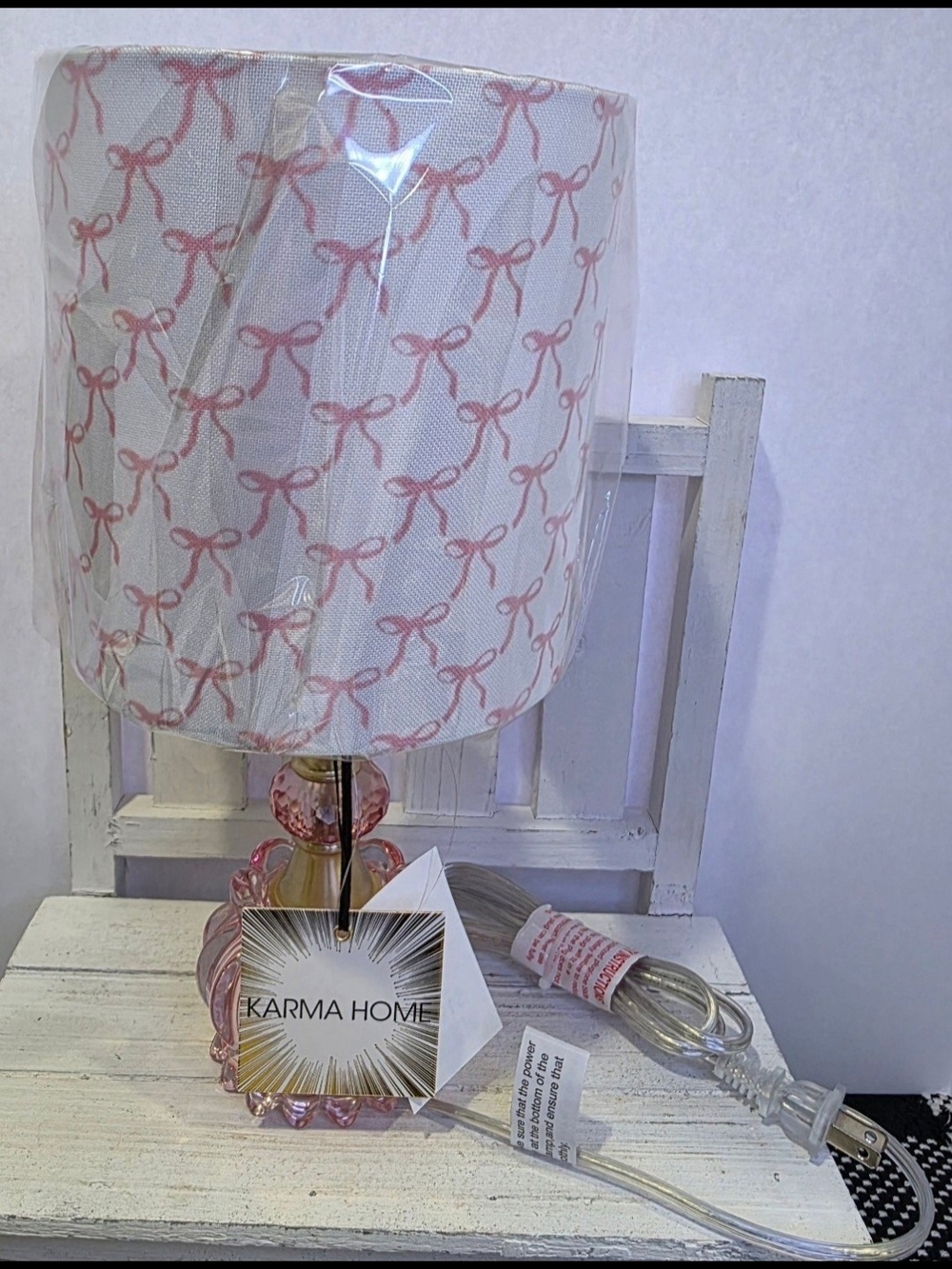 🎀Shabby Chic Pink Glass Mini Lamp - NWT Coquette Aesthetic Bow Print.